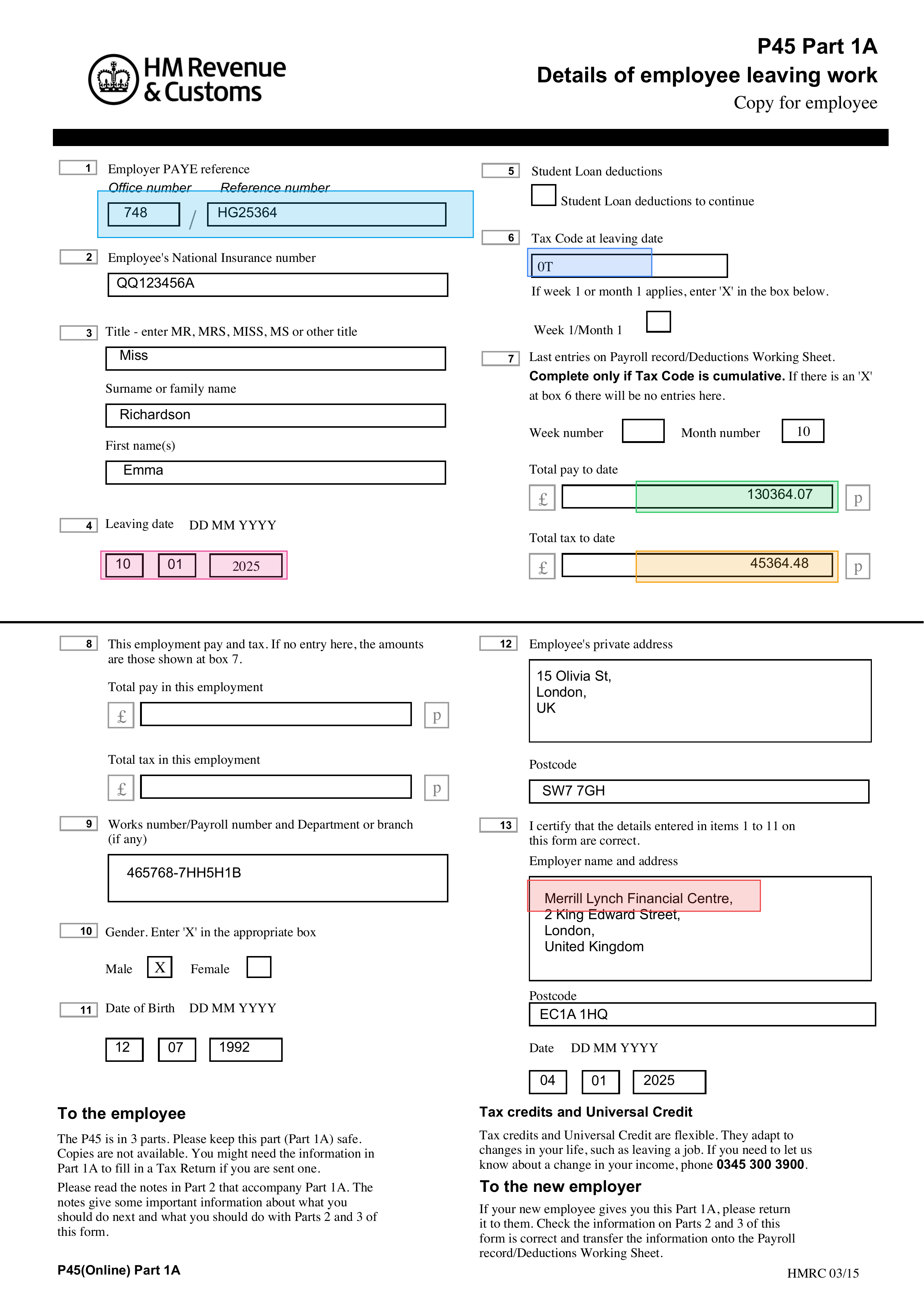 P45 document extraction preview
